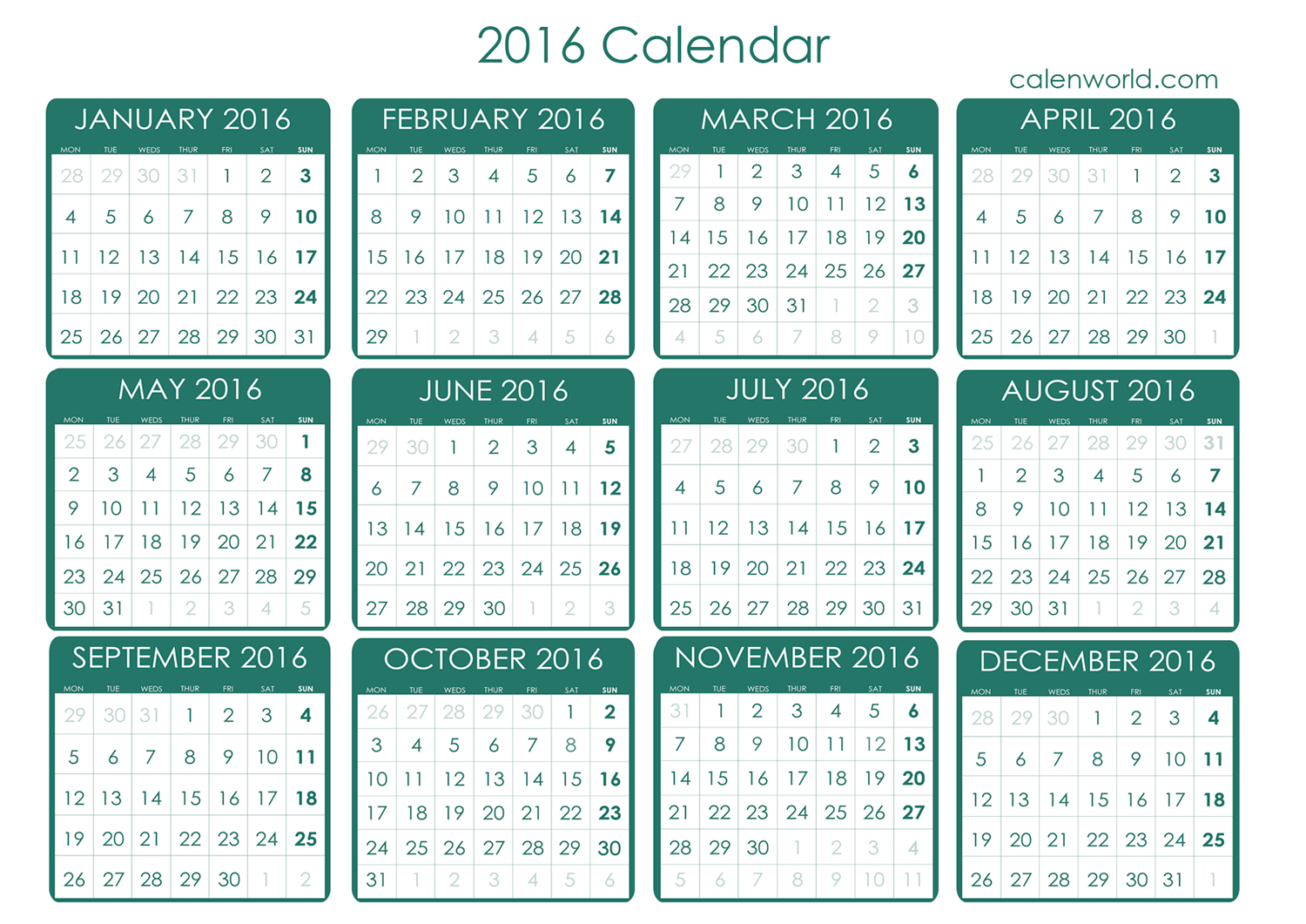 2016 Calendar 2016 Free Printable Calendar Free Calendar
