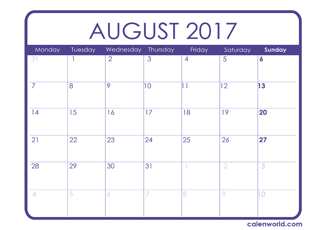 August 2017 Calendar Printable Template