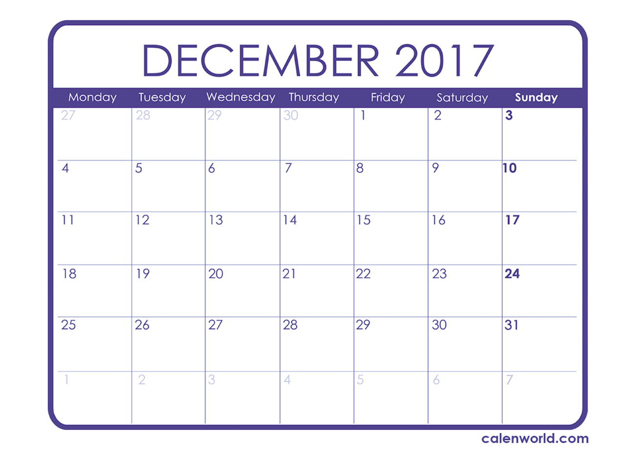 December 2017 Calendar Print